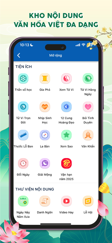 Lịch Vạn Niên 2026, Lịch Việt - Interfaccia dell'app Lịch Việt che mostra icone di utilità culturali come oroscopi e bussola Feng Shui