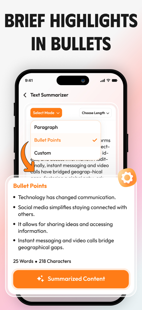 AI Summary - Text Summarizer * - Mobile app interface showing AI generated text summary in bullet points format on a smartphone screen