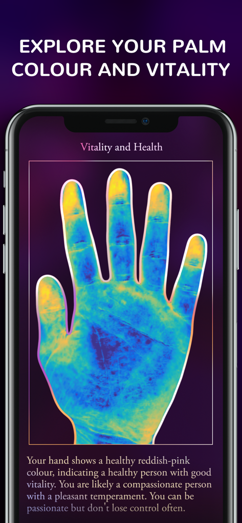 Palmist - AR Palm Reader - Smartphone screen displaying a vitality and health reading based on a palm color analysis using the Palmist AR app.