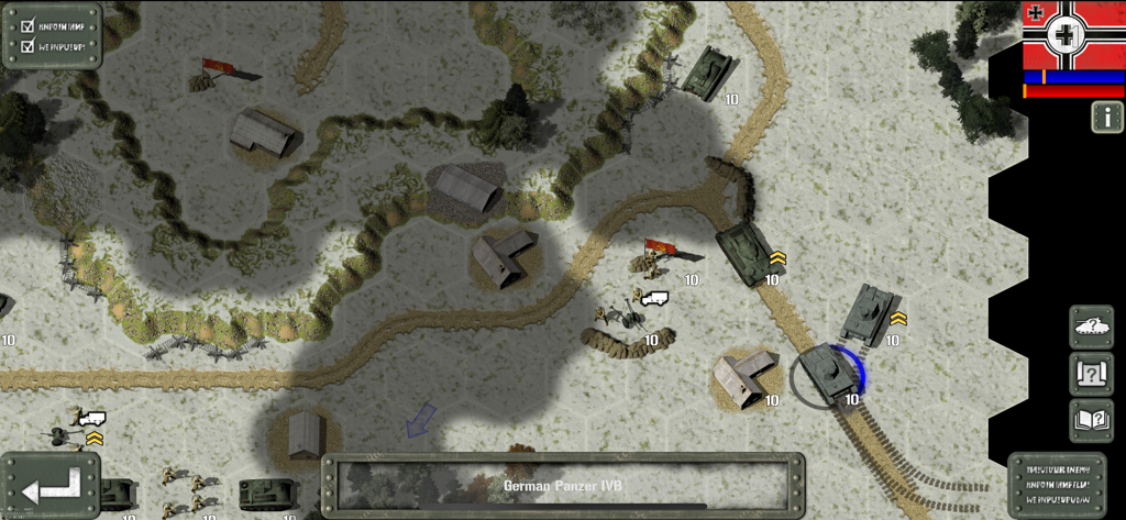 Schermata di un gioco di strategia su esagoni di Tank Battle East Front con carri armati della WWII su una mappa invernale.