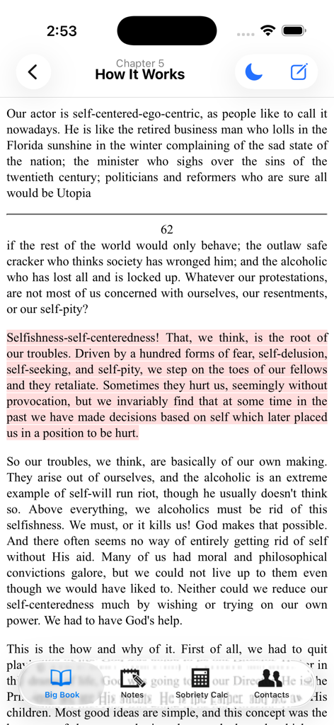 12 Steps Companion AA Big Book - AA Big Book reading interface with highlighted text and navigation icons