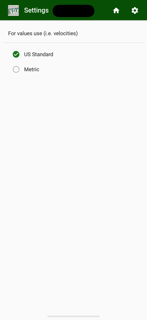 MagCal - NDT - Settings screen in the MagCal NDT app showing options to select between US Standard and Metric units for measurement values.