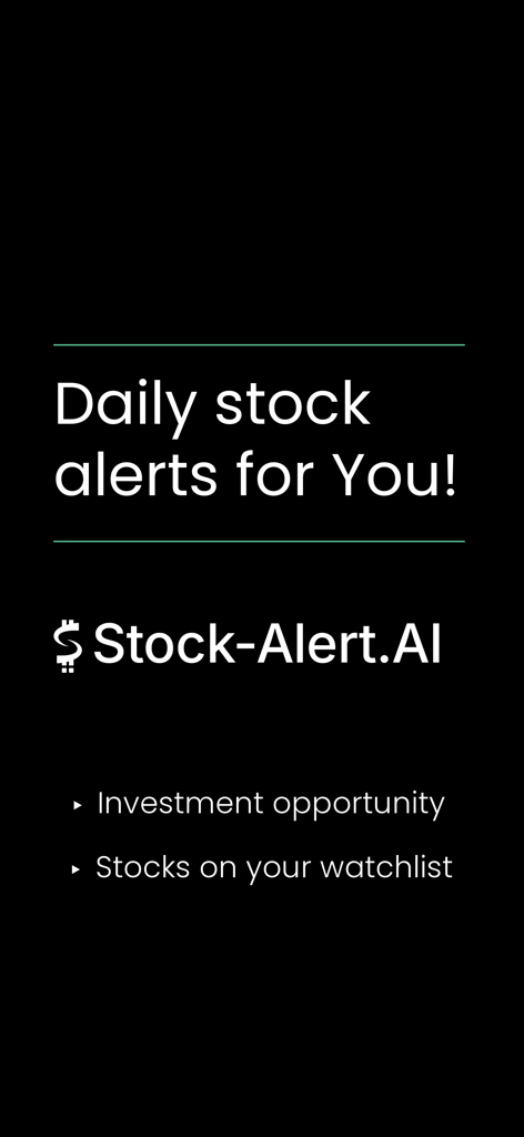 Tela do aplicativo Stock-Alert.AI destacando alertas diários de ações para oportunidades de investimento e listas de observação