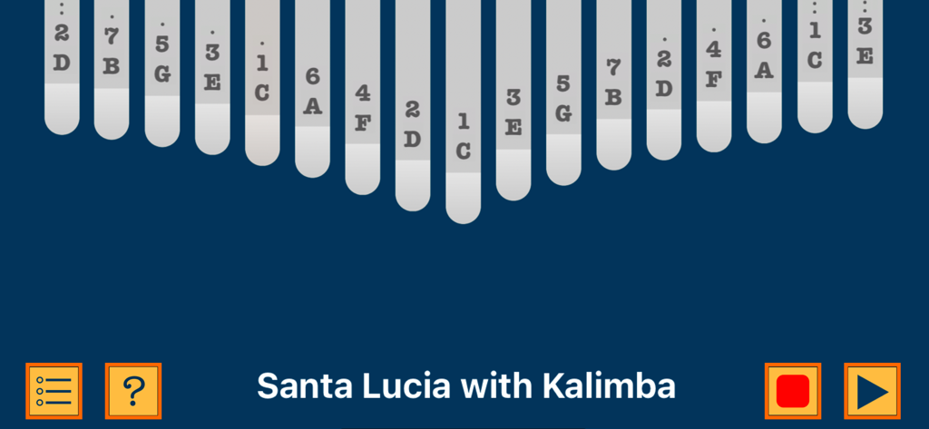 Kalimba App With Songs Numbers - Interfaz de la app Kalimba digital que muestra teclas con números y letras para tocar Santa Lucia.