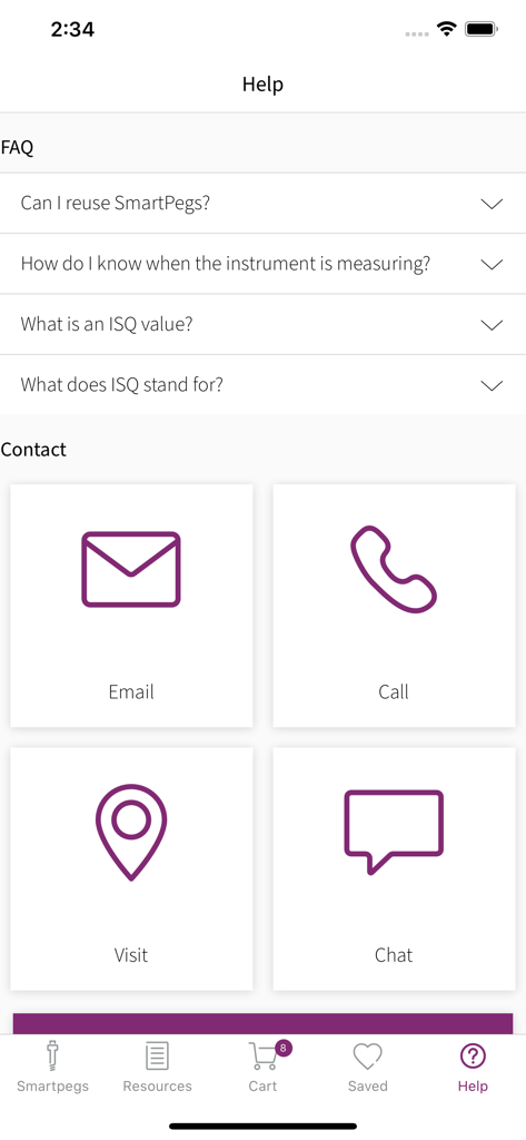 Un écran d'aide dans l'application Osstell SmartPegs montrant une liste de FAQ et d'options de contact pour email, appel, visite et chat.