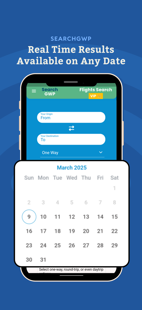 SearchGWP Go Wild Pass Flights - Flugsuchoberfläche der SearchGWP App mit Kalenderauswahl im März 2025