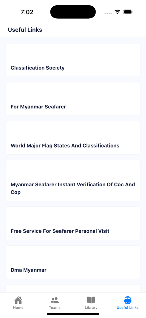 Seafarer Solution - Useful links screen of the Seafarer Solution app featuring maritime classification and verification resources