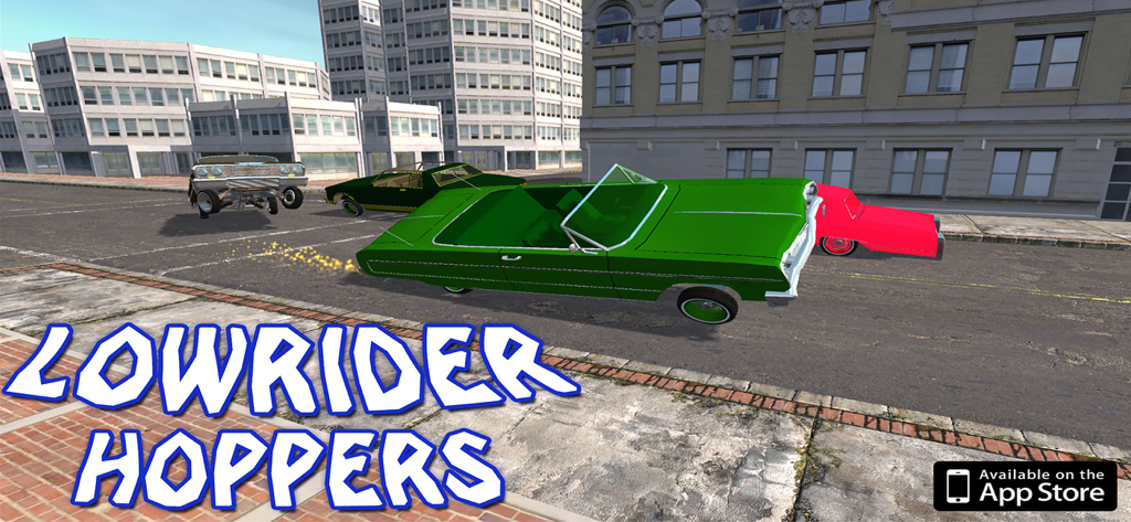 Customized lowrider cars hopping on a city street in the Lowrider Hoppers game