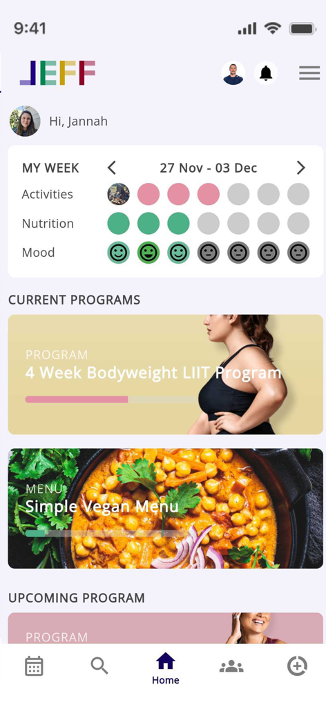 JEFF Fitness - JEFF Fitness app home screen showing personal weekly progress and workout programs