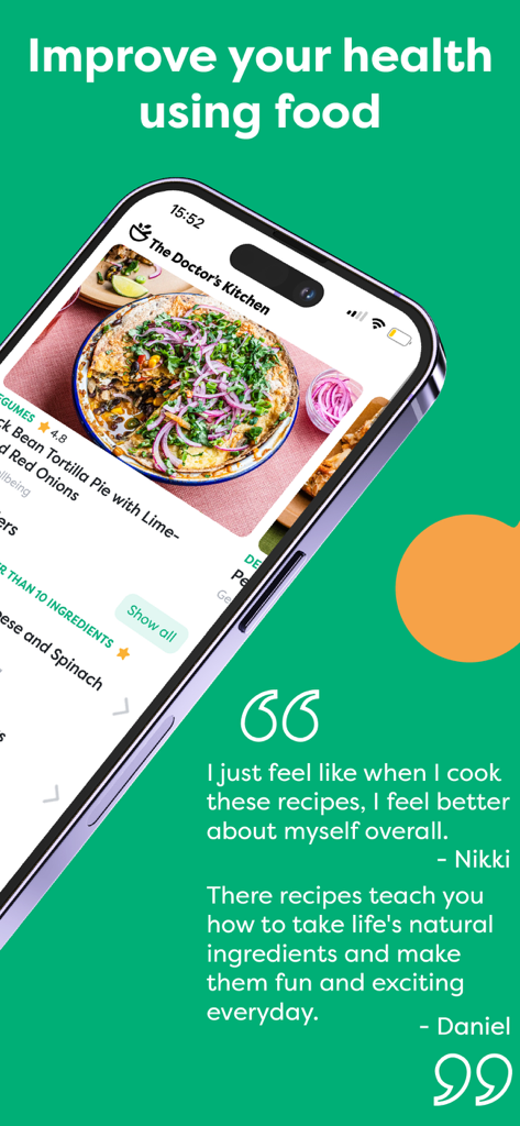 Die App The Doctors Kitchen zeigt ein gesundes Rezept und Benutzertestimonials über Wohlbefinden