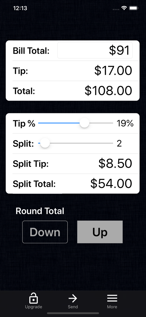 A mobile interface for Tip Calculator Gold showing bill total tip and split costs