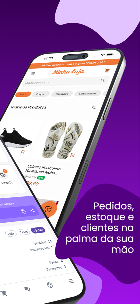 Stoqui: Catálogo e Vendas - Aplicación móvil Stoqui mostrando un catálogo de productos digital y un panel de gestión de ventas comerciales en smartphones.