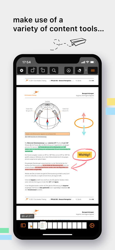 CAT eLearning app displaying highlighted and annotated aviation courseware on a smartphone screen.