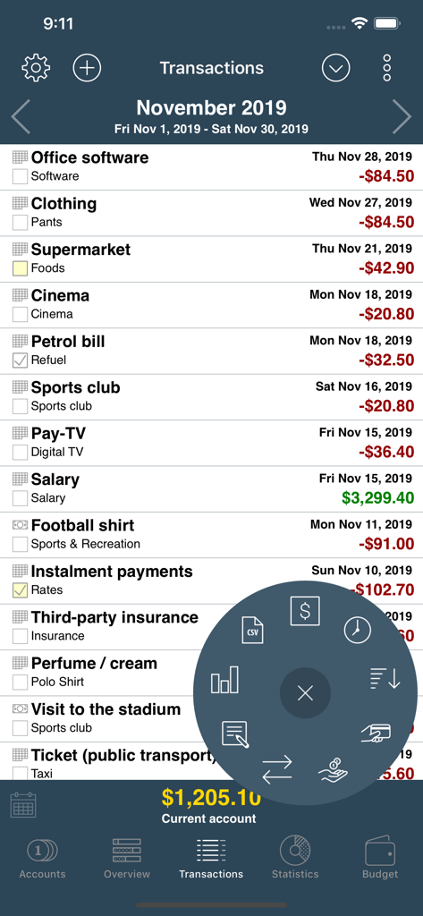 Eine Liste täglicher Transaktionen und eine Übersicht über das monatliche Gehalt in der mobilen Anwendung Mein Budgetbuch