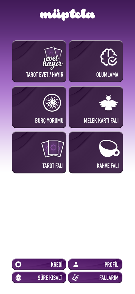 Müptela - Kahve Falı, Tarot - Muptelaアプリのメインメニュー。コーヒー占い、タロット、毎日の星占いのオプションが表示されています。