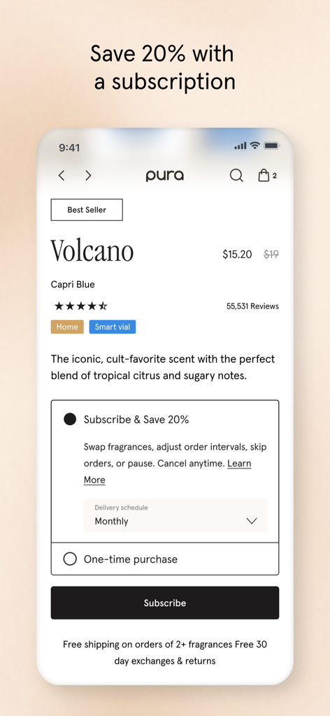 20% 할인 구독 및 저장 혜택이 포함된 Capri Blue Volcano 향기 제품 페이지