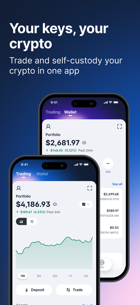 Blockchain.com: Buy Bitcoin - 두 개의 iPhone에서 암호화폐 포트폴리오와 거래 기능을 보여주는 Blockchain.com 앱 인터페이스