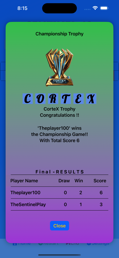 Sentinel49 game victory screen showing the CorteX championship trophy and final player results table
