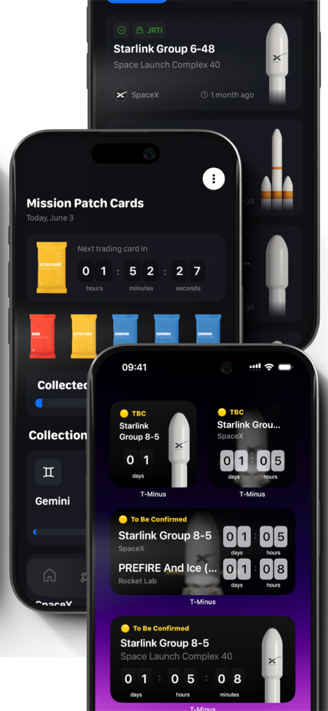 T-Minus – Space Launch Tracker - Capturas de pantalla de la aplicación T-Minus que muestran tarjetas de comercio de parches de misión y widgets de cuenta regresiva de lanzamientos en la pantalla de inicio