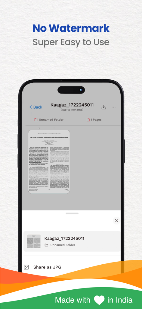 Kaagaz PDF Scanner & Compress - Interface of Kaagaz PDF Scanner app showing a scanned document and watermark free text