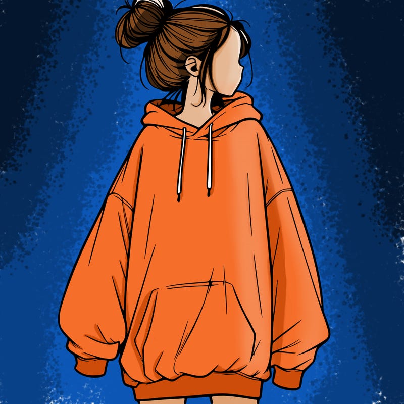 realistic girl with a oversized sweatshirt on and a bun