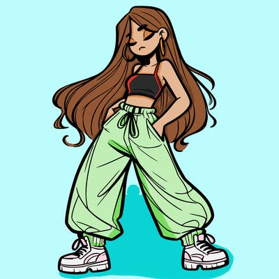 girl in baggy pants crop top and long hair