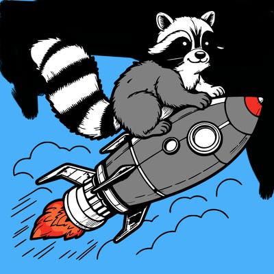 realistic raccoon flying on top rocket ship