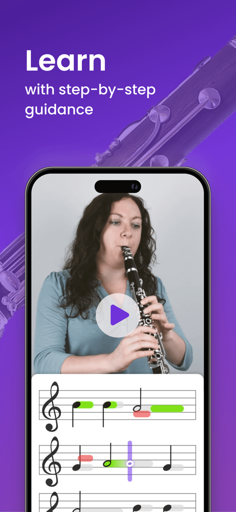 A woman playing the clarinet in a video lesson on a mobile app with interactive sheet music and real-time feedback