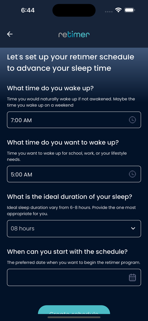 retimer app interface for setting up a personalized sleep schedule and wake-up times