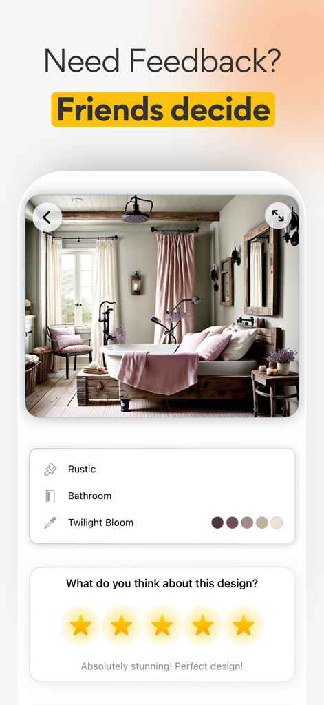 AI Home Design: Interior ARCAI - Interface do aplicativo Arc AI mostrando um design de banheiro rústico com uma classificação de cinco estrelas e seção de feedback do usuário.