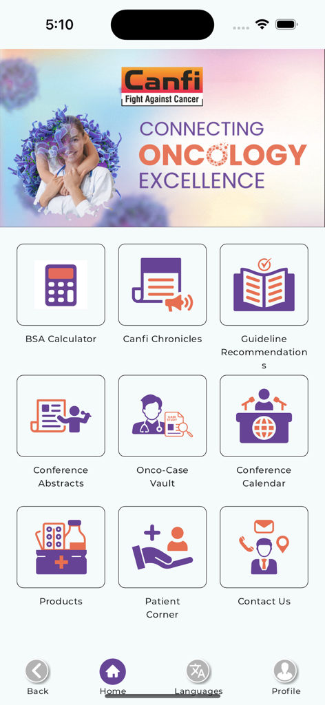 MSN Canfi - MSN Canfi oncology app main menu showing medical tools and clinical resources