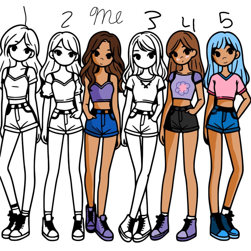 a group of girls wearing crop tops and shorts