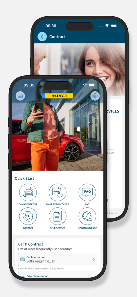 My VWPFS App-Bildschirme, die Details zu Leasingverträgen und Optionen für die Fahrzeuginspektion anzeigen
