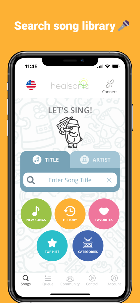 Healsonic app search screen with title and artist search tabs and category icons
