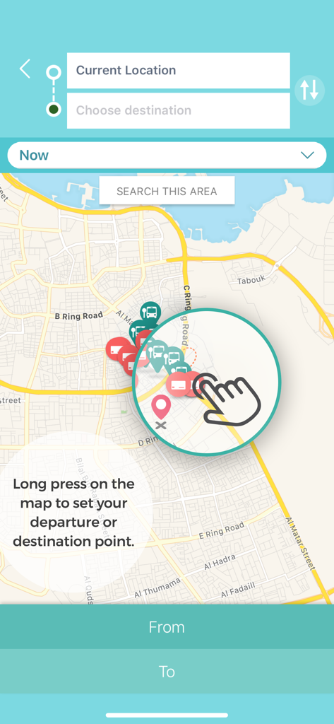 Map interface in Karwa Journey Planner app showing how to set points on a map