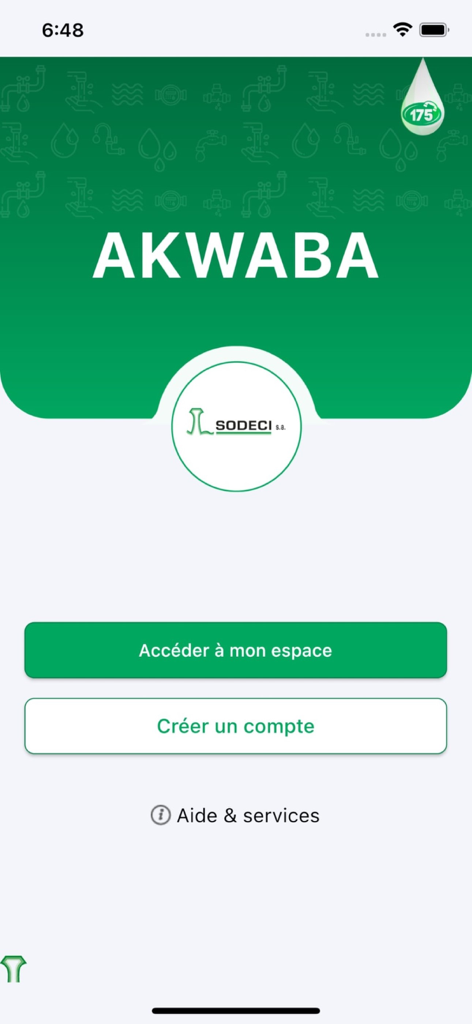Ma SODECI en ligne - The welcome screen of the Ma SODECI en ligne mobile app showing options to log in or create a new account.