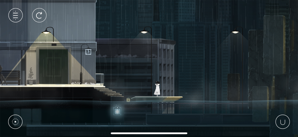 A girl in a white raincoat navigates a rainy submerged city in the atmospheric puzzle game Flood of Light