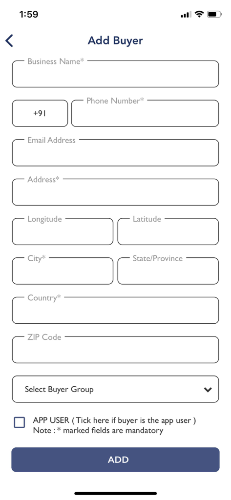 Storimart Salesman Ordering - Mobile application screen showing the Add Buyer form with fields for business name contact details and location to register new retailers