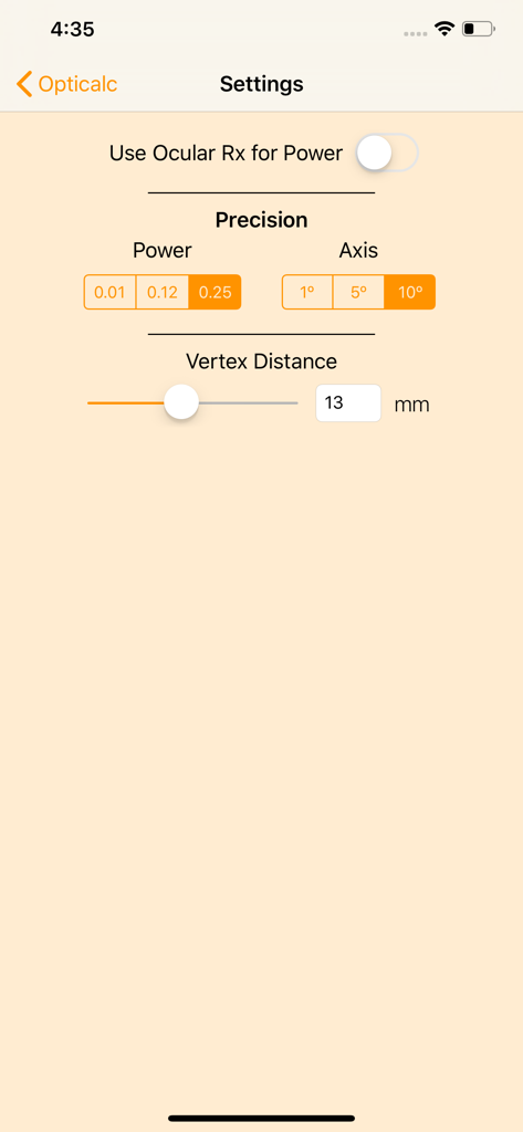 Opticalc app settings screen showing precision controls for power and axis and vertex distance adjustment