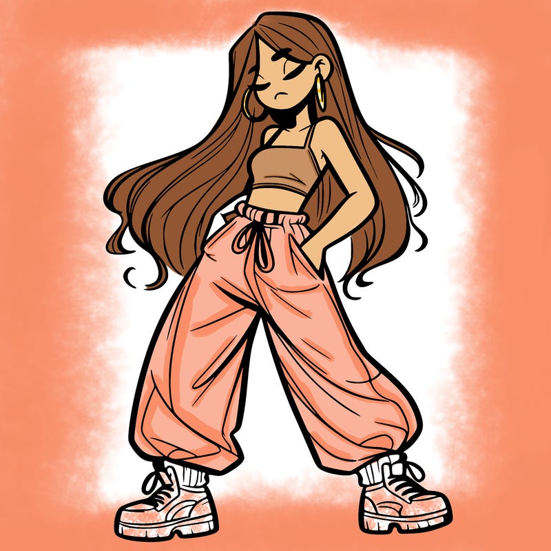 girl in baggy pants crop top and long hair