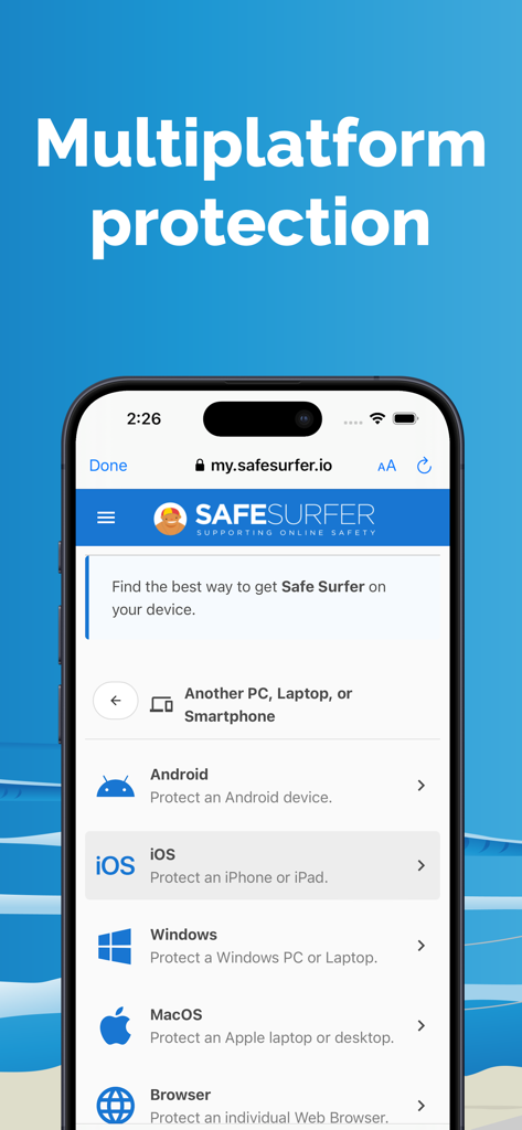 Safe Surfer - A smartphone displaying the Safe Surfer app menu with multiplatform protection options for Android, iOS, Windows, MacOS, and web browsers.