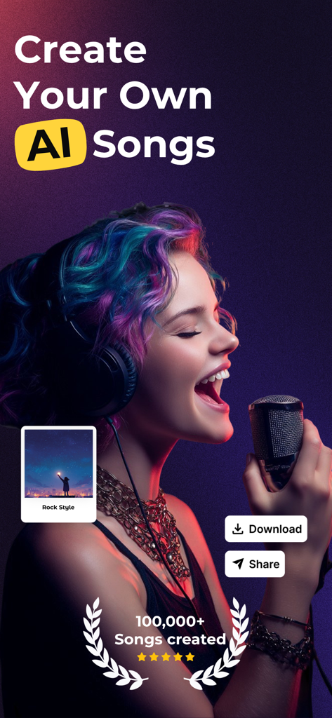 Young woman with colorful hair singing into a microphone to demonstrate AI music generation.