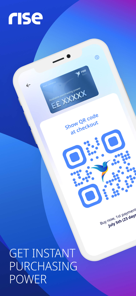 Rise Egypt - A smartphone showing the Rise Egypt app interface with a QR code for instant purchasing power at checkout.