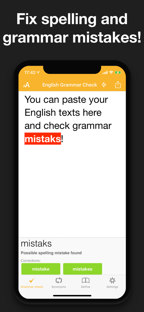 CorrectMe Grammar AI Keyboard - CorrectMe app interface highlighting a spelling error and suggesting corrections