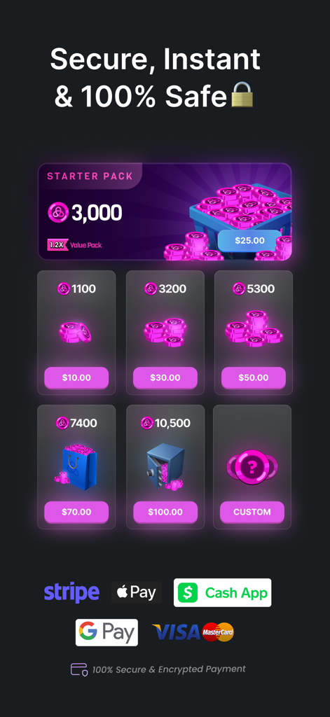 Plutus: Create, Play, Win - Plutus의 인앱 스토어 화면 가상 화폐 팩 및 Apple Pay 및 Google Pay와 같은 안전한 결제 방법 표시