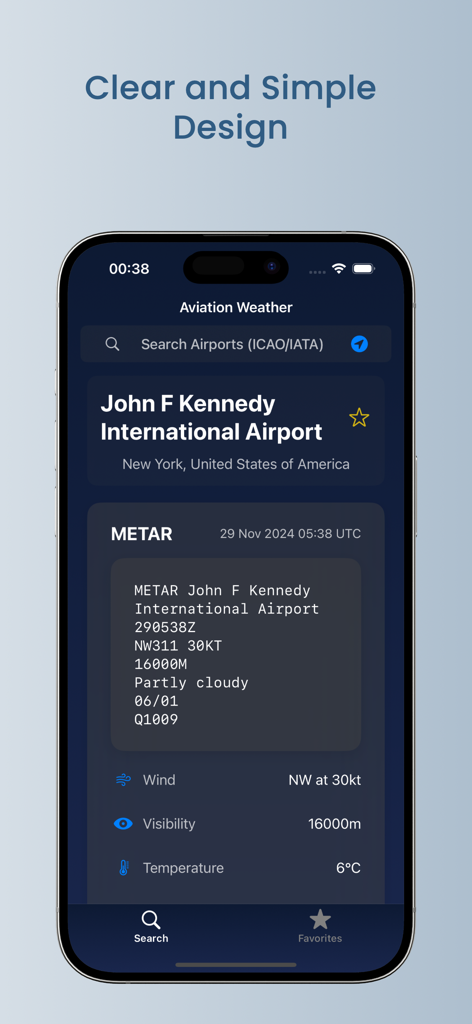 JFK空港のMETAR航空気象データを示すモバイルアプリインターフェース
