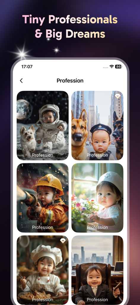 KI-generierte Fotos, die Babys in Berufen wie Astronaut, Feuerwehrmann und Koch zeigen.