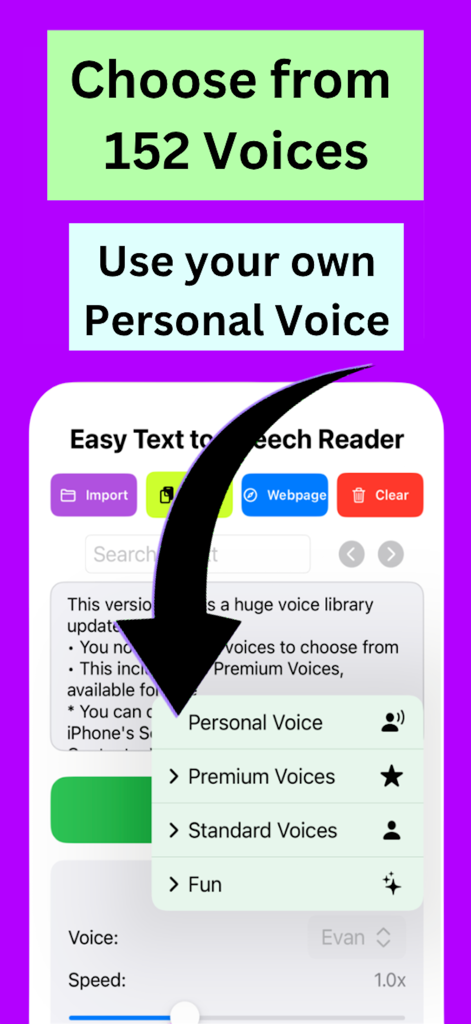 Easy Text to Speech Reader Pro - Interfaz de Lector Fácil de Texto a Voz Pro mostrando una selección de 152 voces, incluidas opciones personales y premium.
