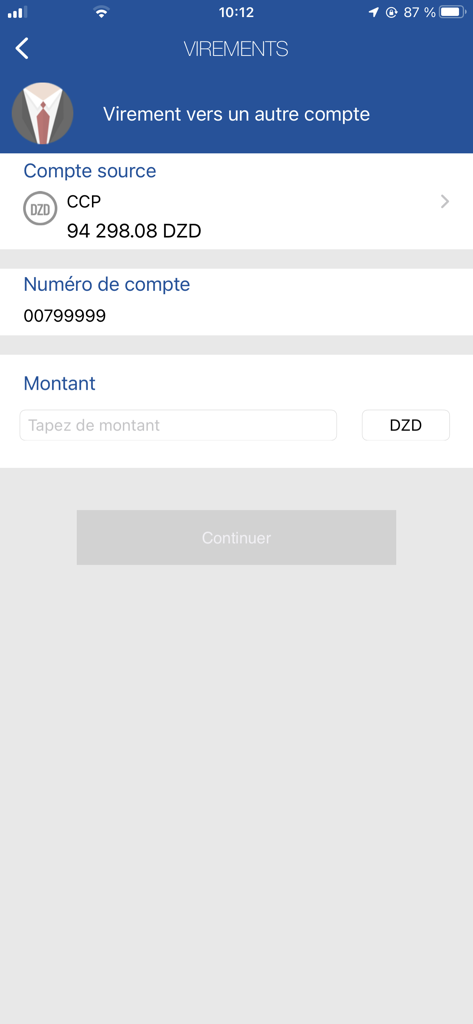 BaridiMob mobile app screen showing the interface for transferring money from a CCP account to another account in Algerian Dinars.
