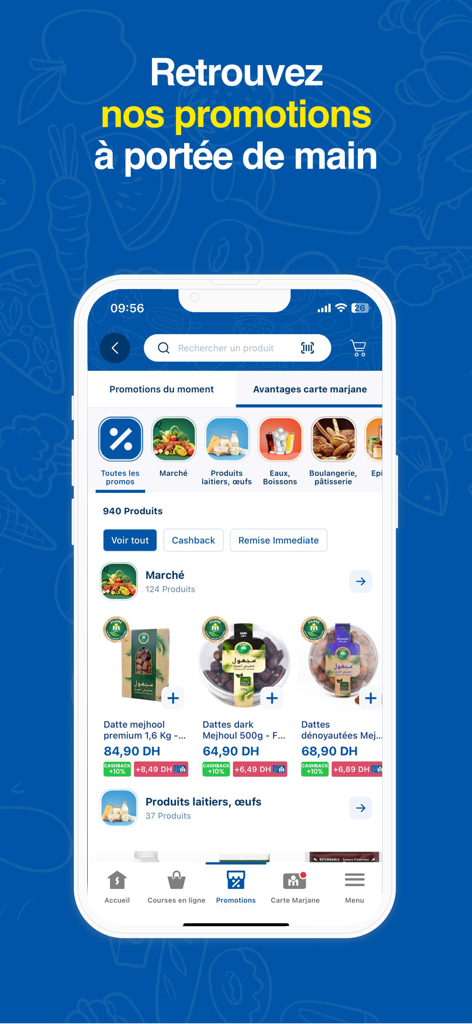 Marjane - Marjane mobile app showing grocery promotions and cashback deals on fresh products